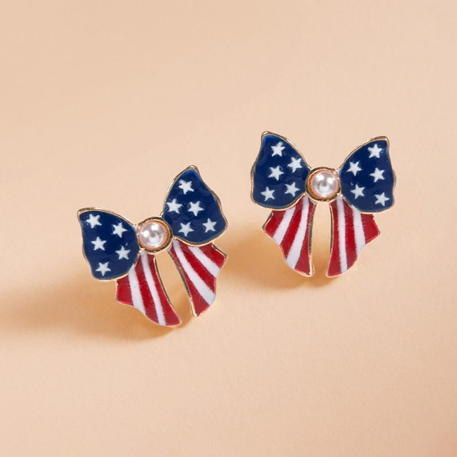 Pearl Pointed Enamel USA Flag Bow Stud Earrings - Patriotic Bow Studs Gift for Her