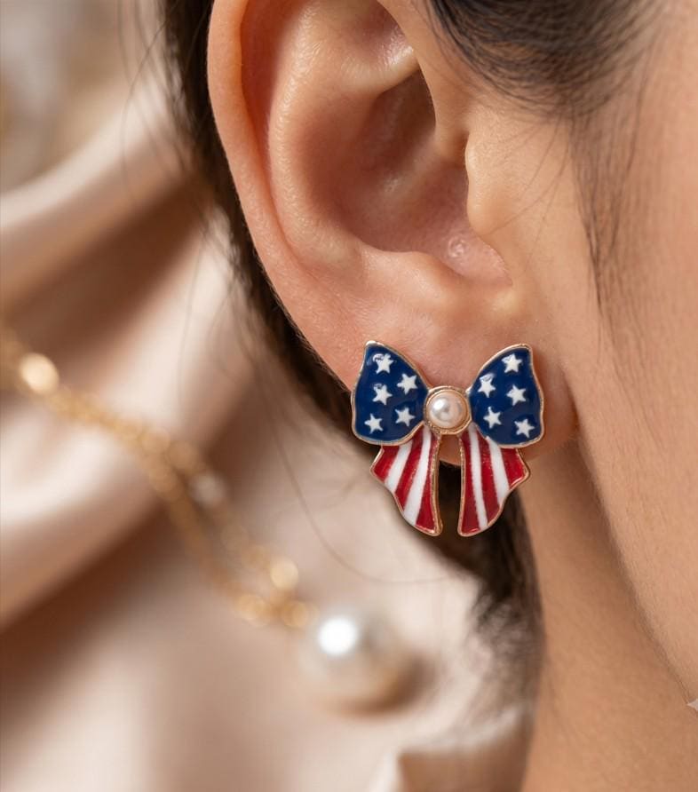 Pearl Pointed Enamel USA Flag Bow Stud Earrings - Patriotic Bow Studs Gift for Her