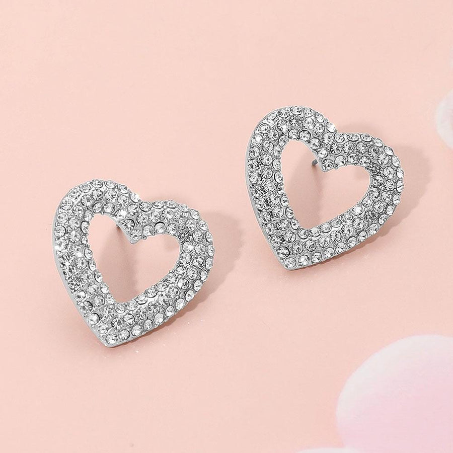 Stone Paved Open Heart Stud Earrings - Dainty Crystal Studs - Pave Heart Earring Gift