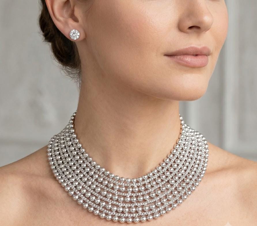 Metal Bubble Bib Choker Necklace, Bold Layered Chunky Statement Necklace Set