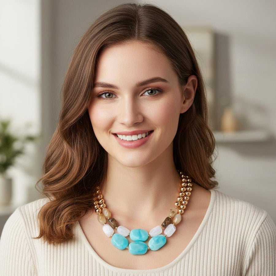 Multi Color Resin Pebble Beaded Layered Statement Necklace, Chunky Colorful Boho Bead Necklace