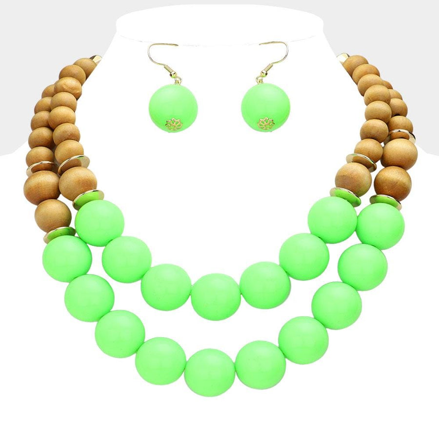 Wood Ball Double Strand Statement Necklace - Chunky Boho Bead Necklaces - Earthy Bold Necklace Gift