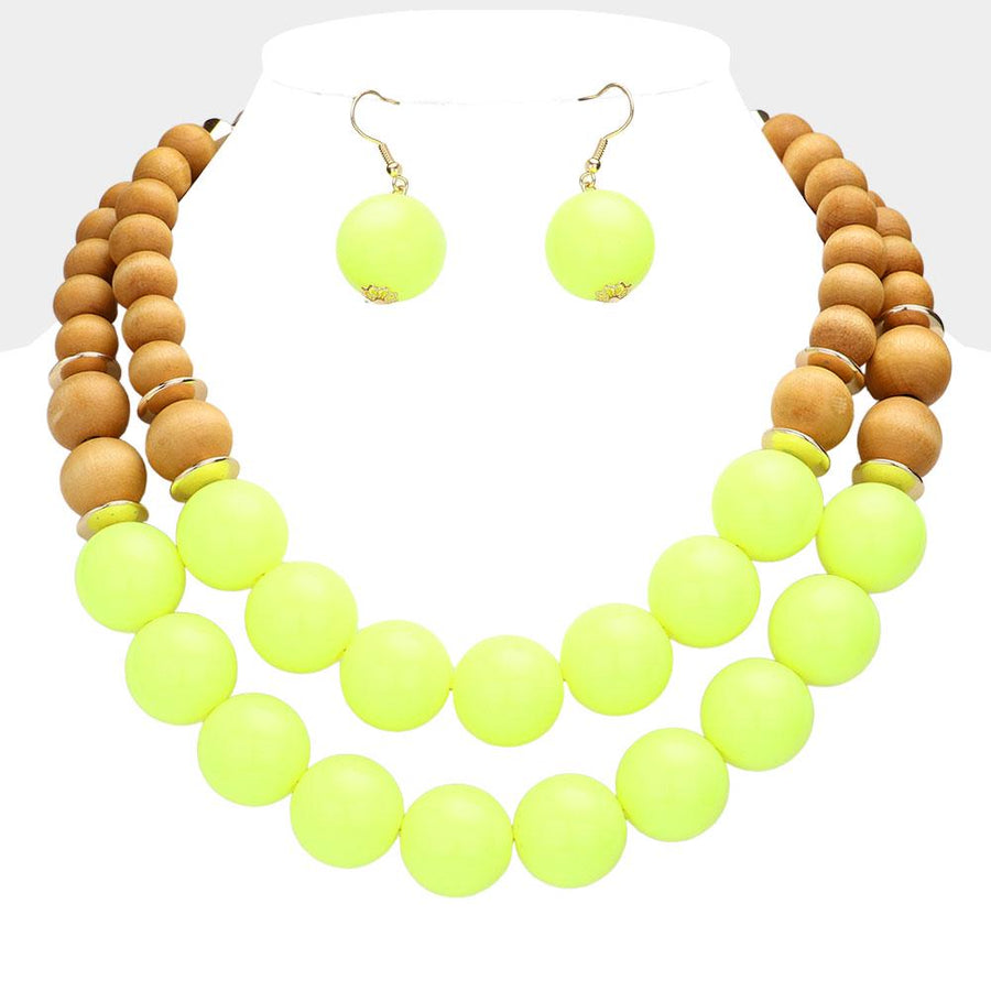 Wood Ball Double Strand Statement Necklace - Chunky Boho Bead Necklaces - Earthy Bold Necklace Gift