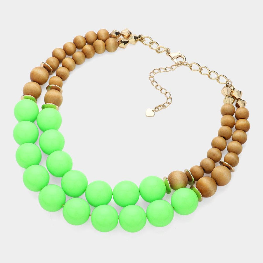 Wood Ball Double Strand Statement Necklace - Chunky Boho Bead Necklaces - Earthy Bold Necklace Gift