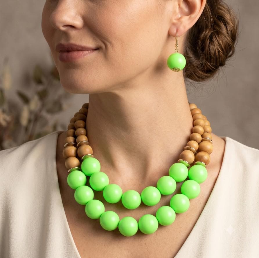 Wood Ball Double Strand Statement Necklace - Chunky Boho Bead Necklaces - Earthy Bold Necklace Gift