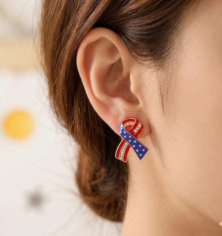 Stone Paved Enamel American USA Flag Bow Earrings - Sparkly Patriotic Jewelry - Festive Bow Studs
