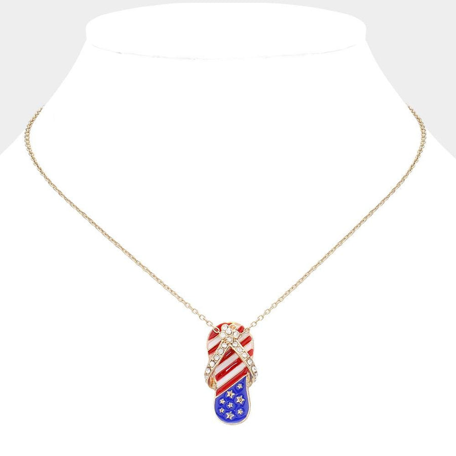 Stone Paved American USA Flag Flip Flops Pendant Necklace - Sparkly Beach Jewelry Gift