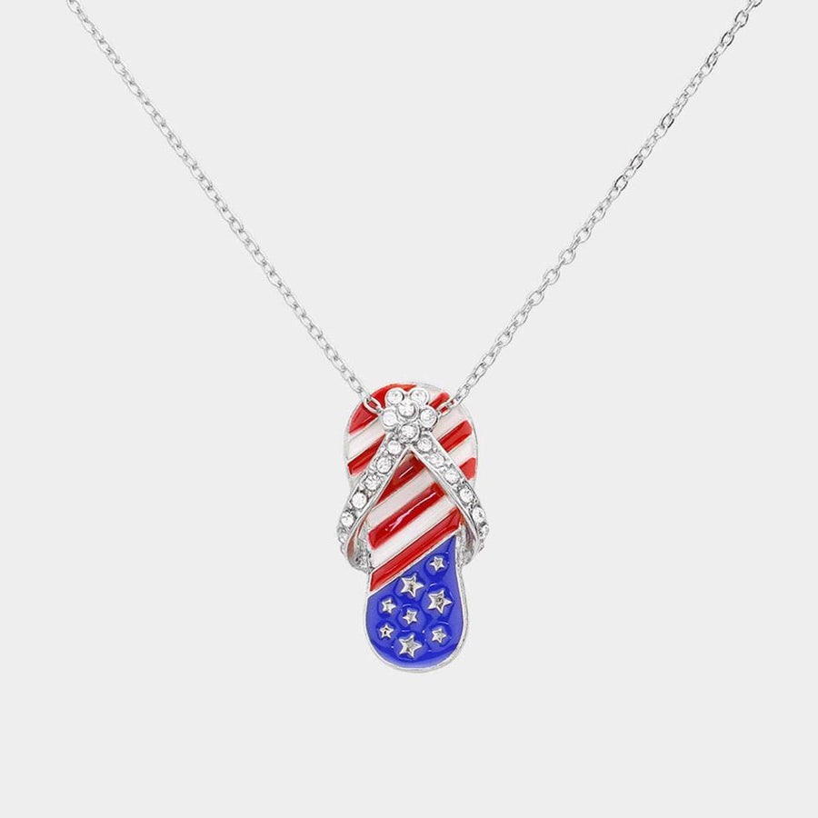 Stone Paved American USA Flag Flip Flops Pendant Necklace - Sparkly Beach Jewelry Gift