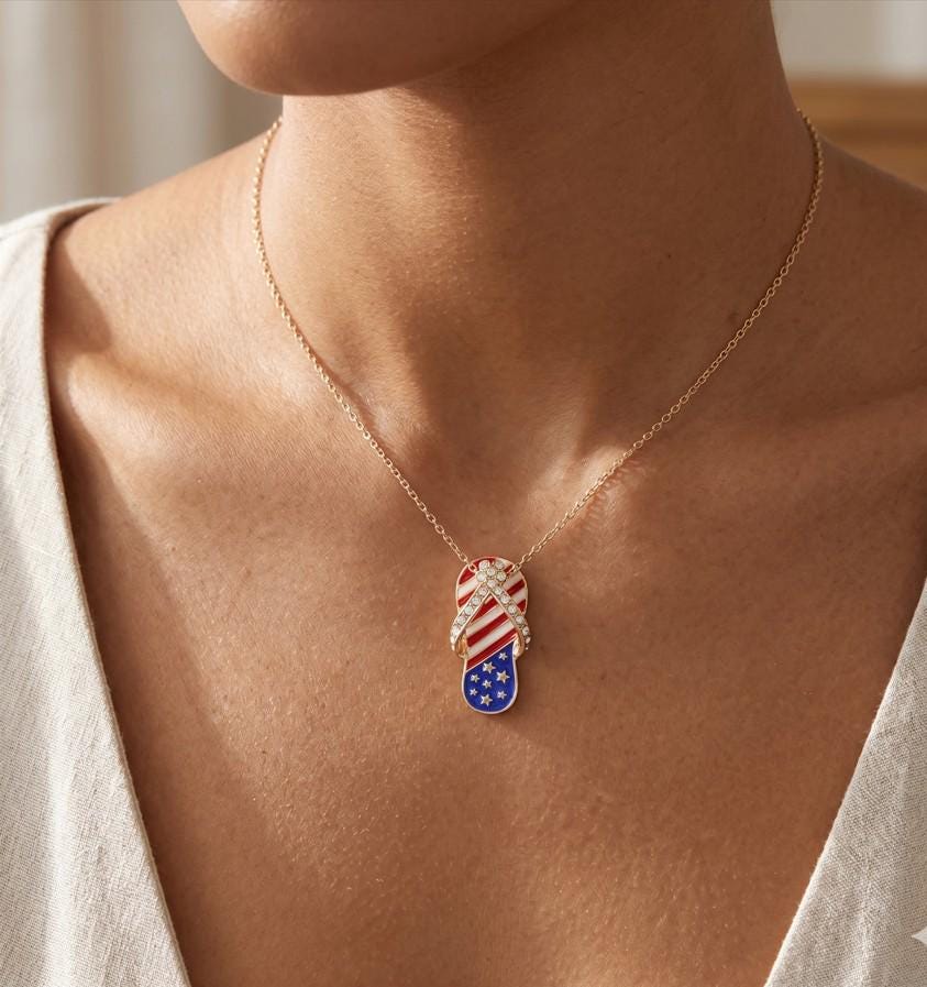 Stone Paved American USA Flag Flip Flops Pendant Necklace - Sparkly Beach Jewelry Gift