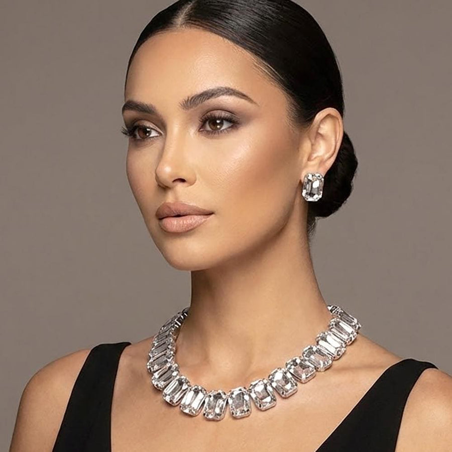 Emerald Cut Stone Collar Evening Necklace - Crystal Bridal Statement Necklace