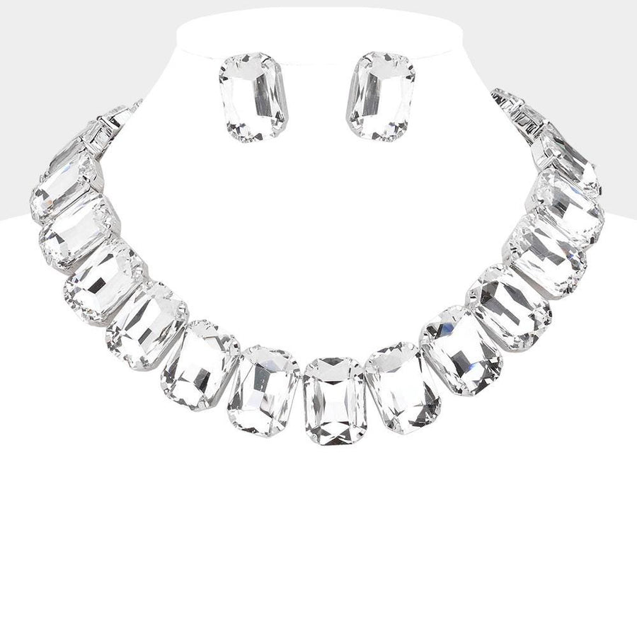 Emerald Cut Stone Collar Evening Necklace - Crystal Bridal Statement Necklace