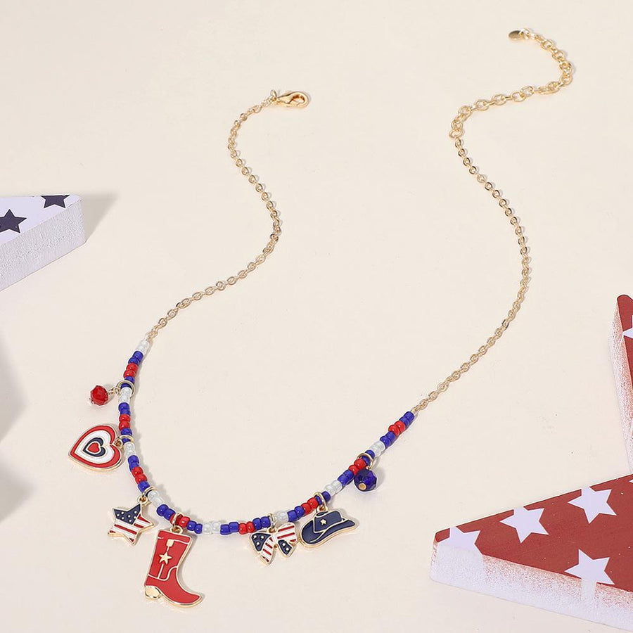 Enamel USA Flag Western Boot Hat Bow Star Heart Charm Beaded Necklace - Cowgirl Gift