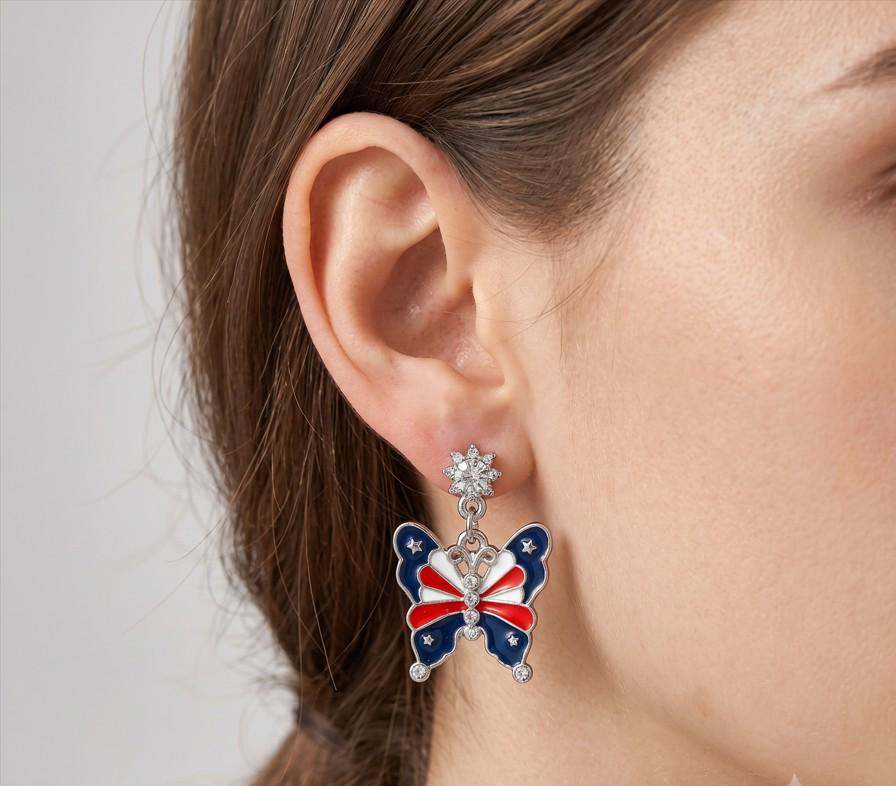 Enamel USA Flag Butterfly Dangle Earrings - Patriotic Butterfly Drop & Dangles - 4th of July Earring