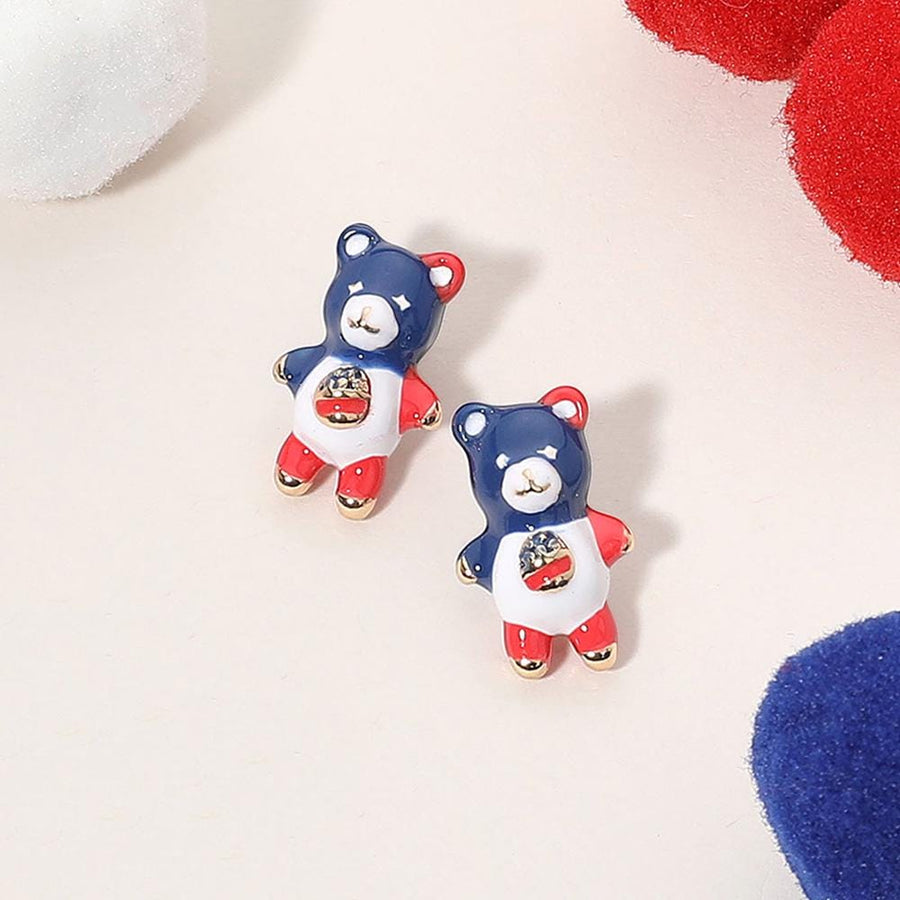 Enamel American USA Flag Teddy Bear Stud Earrings | Patriotic Red White Blue Earrings Gift