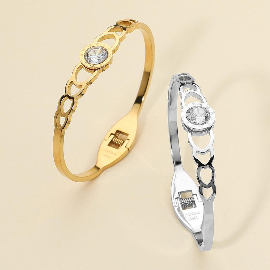 Stainless Steel Roman Numeral Stone Bezel Accent Hinged Bangle Bracelet | Elegant Luxury Bracelet