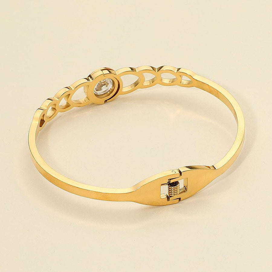 Stainless Steel Roman Numeral Stone Bezel Accent Hinged Bangle Bracelet | Elegant Luxury Bracelet