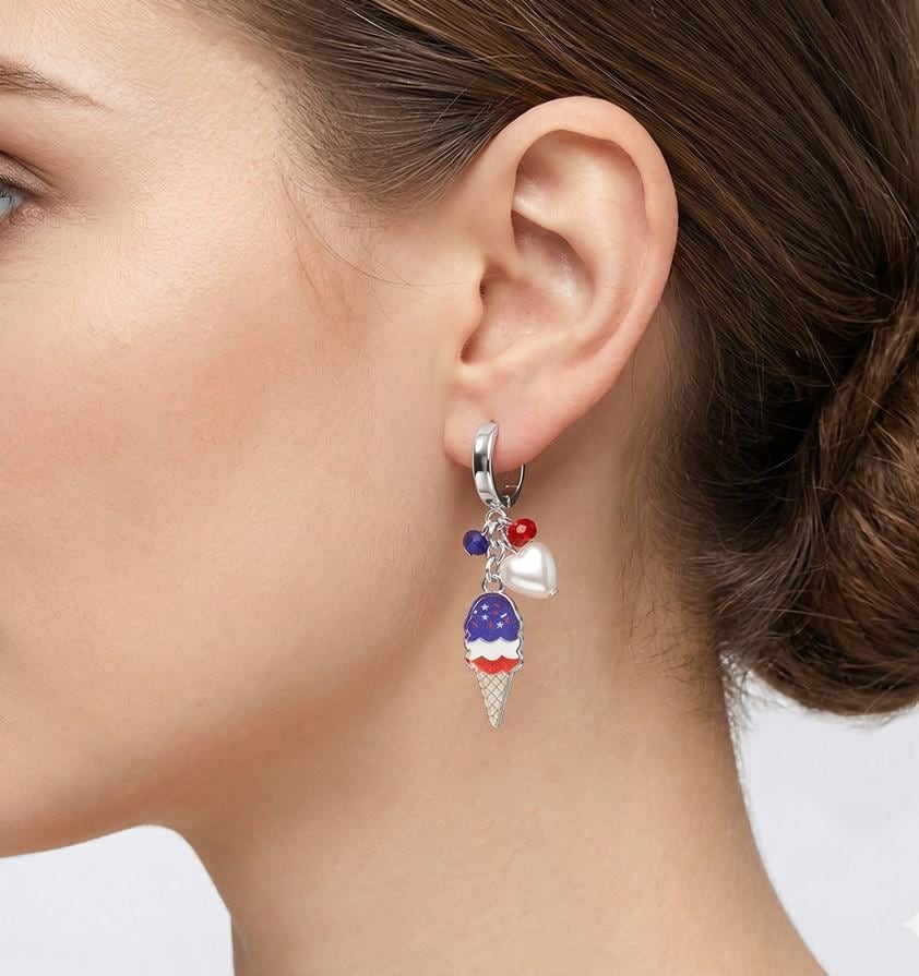 Enamel USA Flag Ice Cream Cone Pearl Heart Bead Dangle Earrings - Fun Summer Earrings