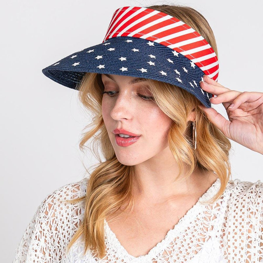 American USA Flag Straw Woven Adjustable Sun Visor Hat - Summer Beach Hat for Women