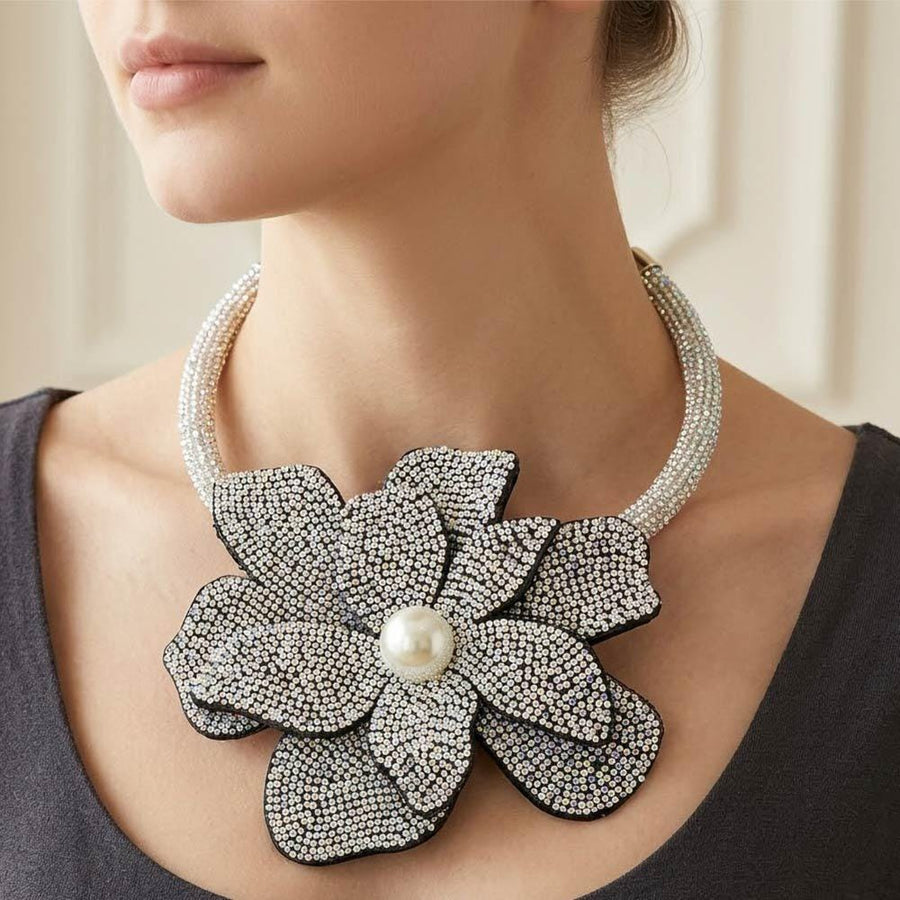 Pearl Center Bling Studded Oversized Flower Necklace - Bold Floral Statement Necklace - Bridal Glam Necklaces