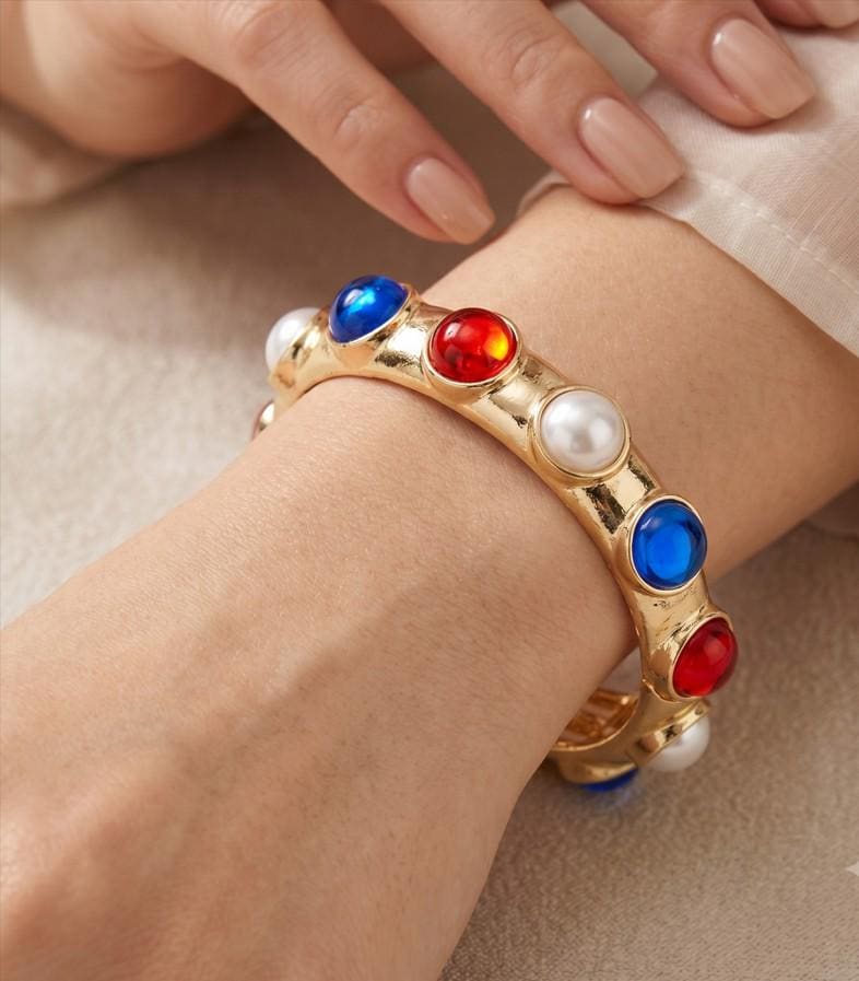 Round American USA Colorway Pearl Around Stretch Bracelet - Red White Blue Bead Bangle