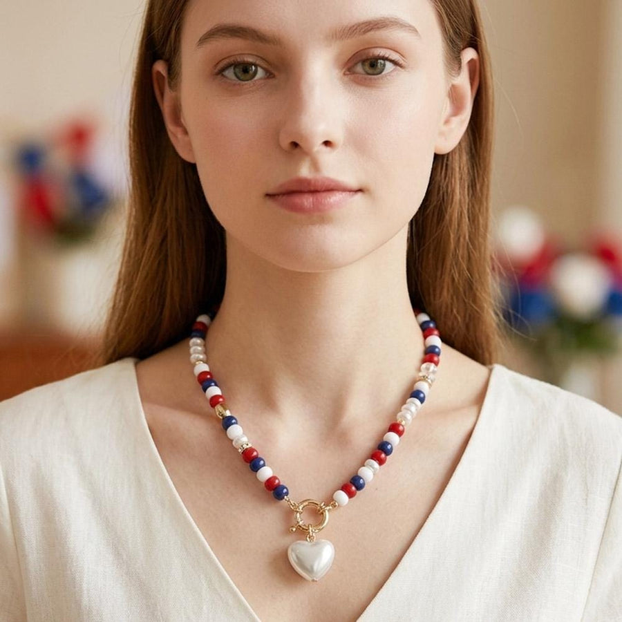 Heart Charm Accent Patriotic Beaded Necklace - USA Bead Necklace - Love America Jewelry