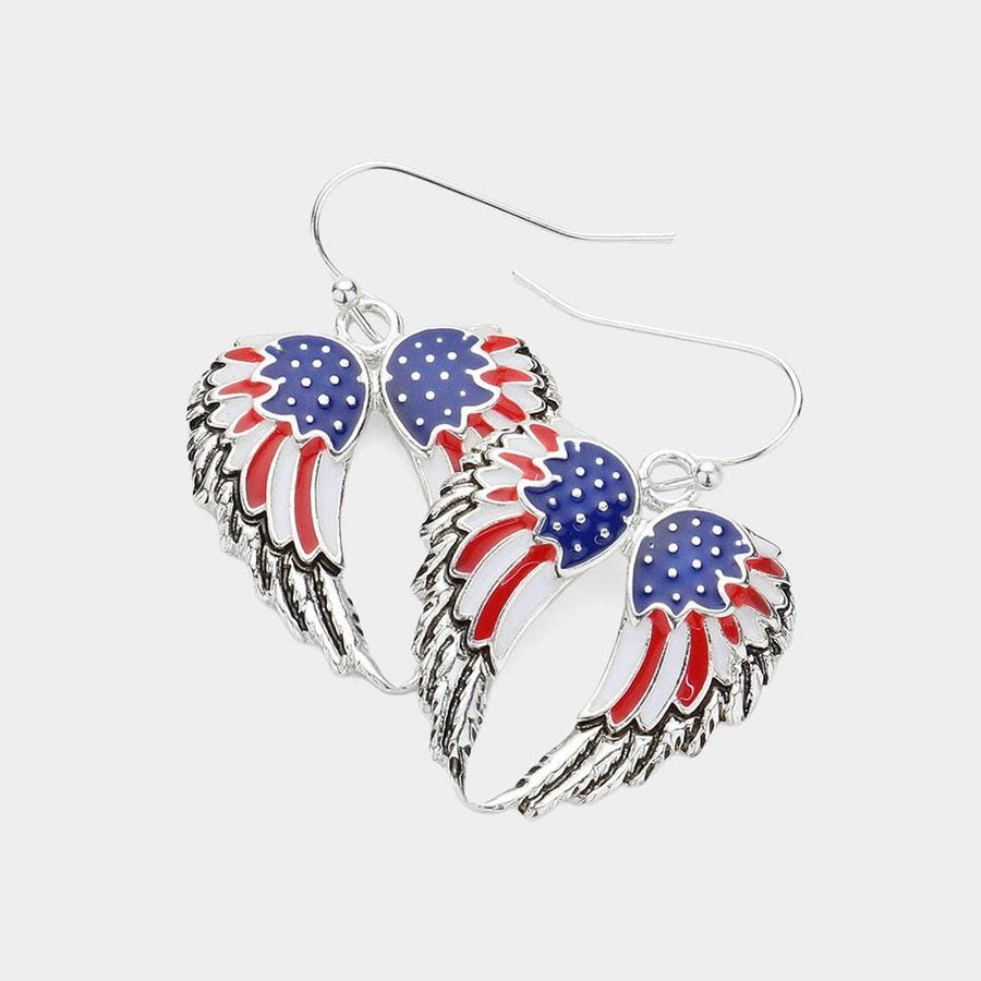Enamel USA Flag Wing Dangle Earrings - Patriotic Earrings for Women - American Eagle Wings Earring