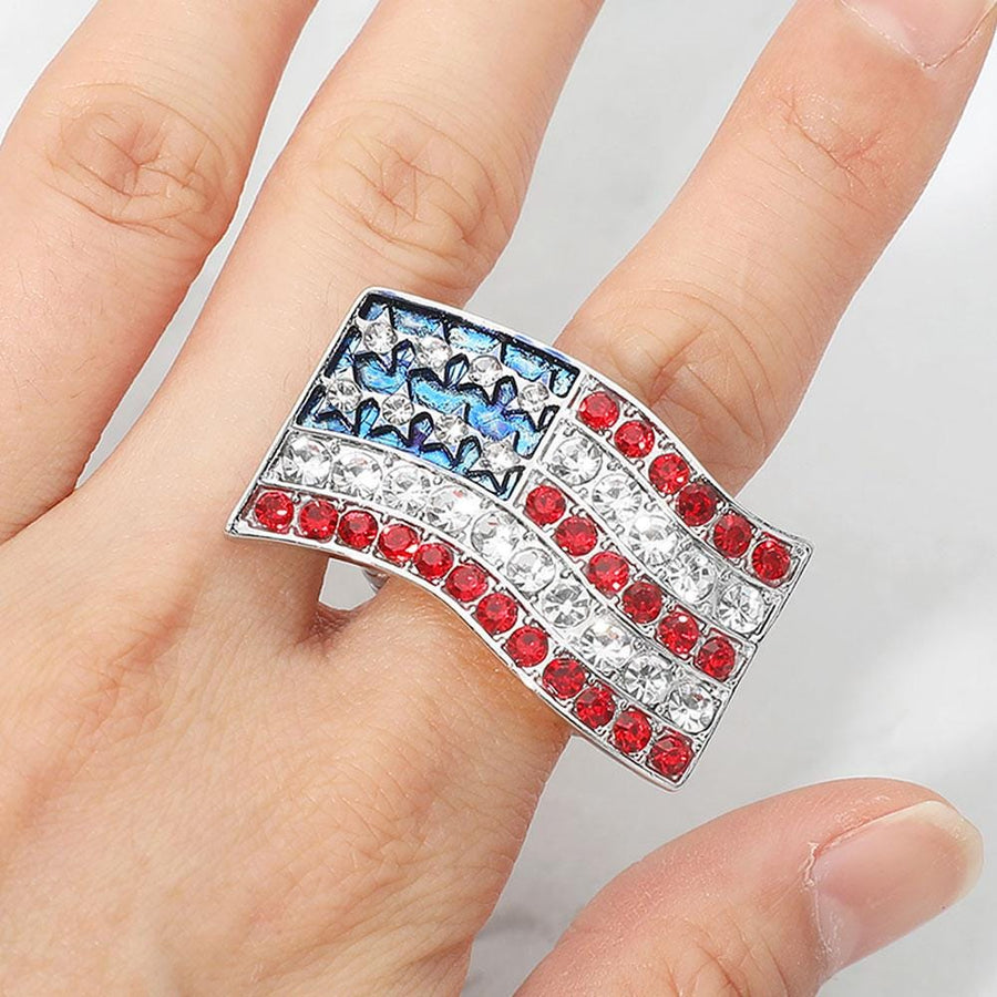 American USA Flag Rhinestone Stretch Ring, Patriotic Statement Ring, Red White Blue Jewelry