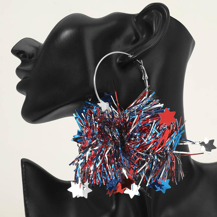 American USA Festive Tinsel Statement Hoop Earrings - Fringe Hoops - Red White Blue Party Earrings