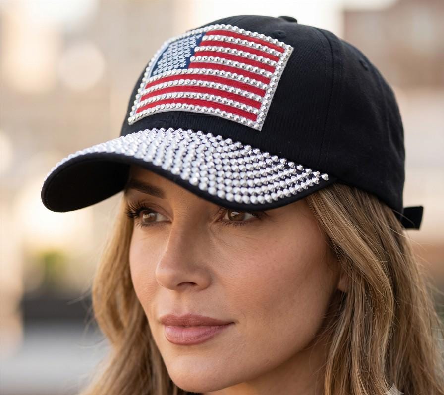 American USA Flag Studded Bling Baseball Cap - Rhinestone Patriotic Hat - Glam Trucker Hat