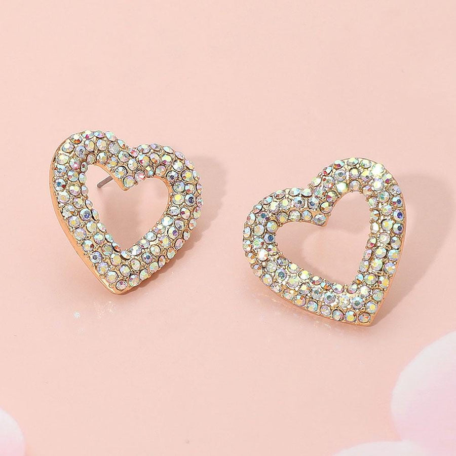 Stone Paved Open Heart Stud Earrings - Dainty Crystal Studs - Pave Heart Earring Gift