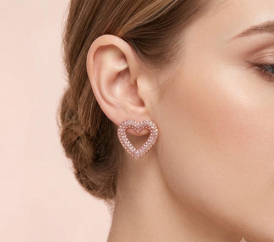 Stone Paved Open Heart Stud Earrings - Dainty Crystal Studs - Pave Heart Earring Gift