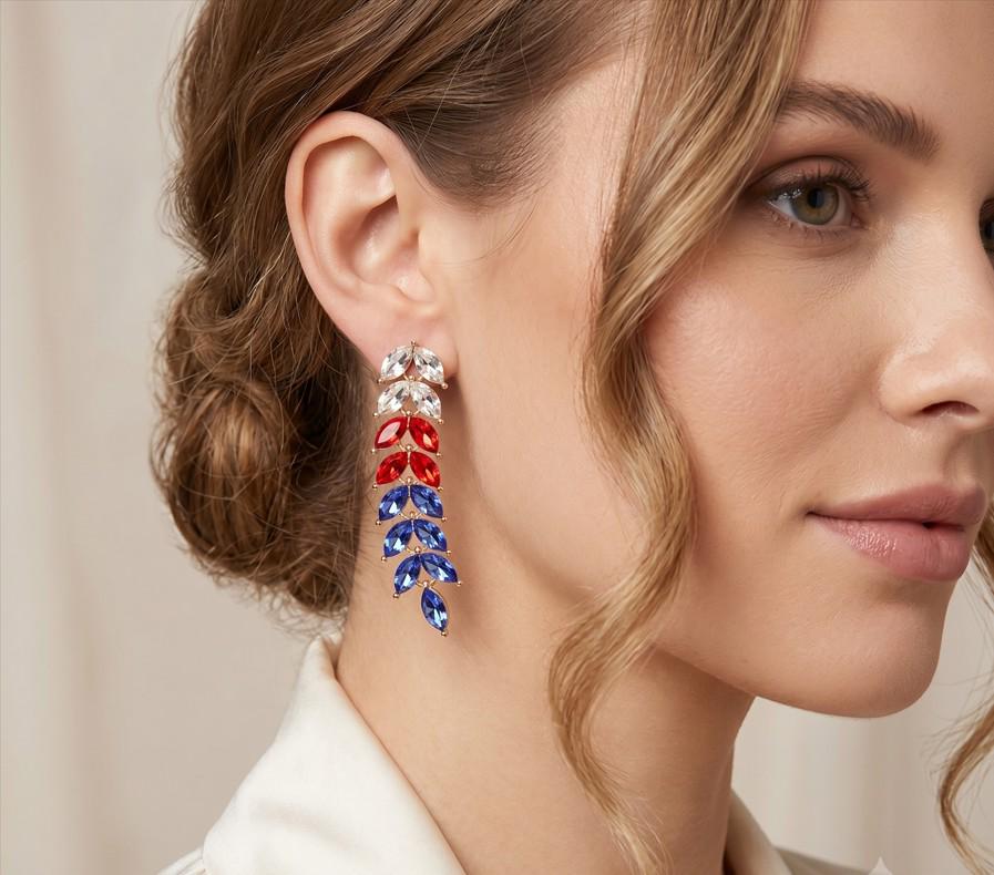 USA Flag Marquise Stone Cluster Vine Link Drop Earrings - Patriotic Evening Dangle Earrings