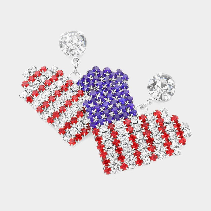 American USA Flag Rhinestone Paved Heart Dangle Earrings, Patriotic Crystal Heart Drop Earring