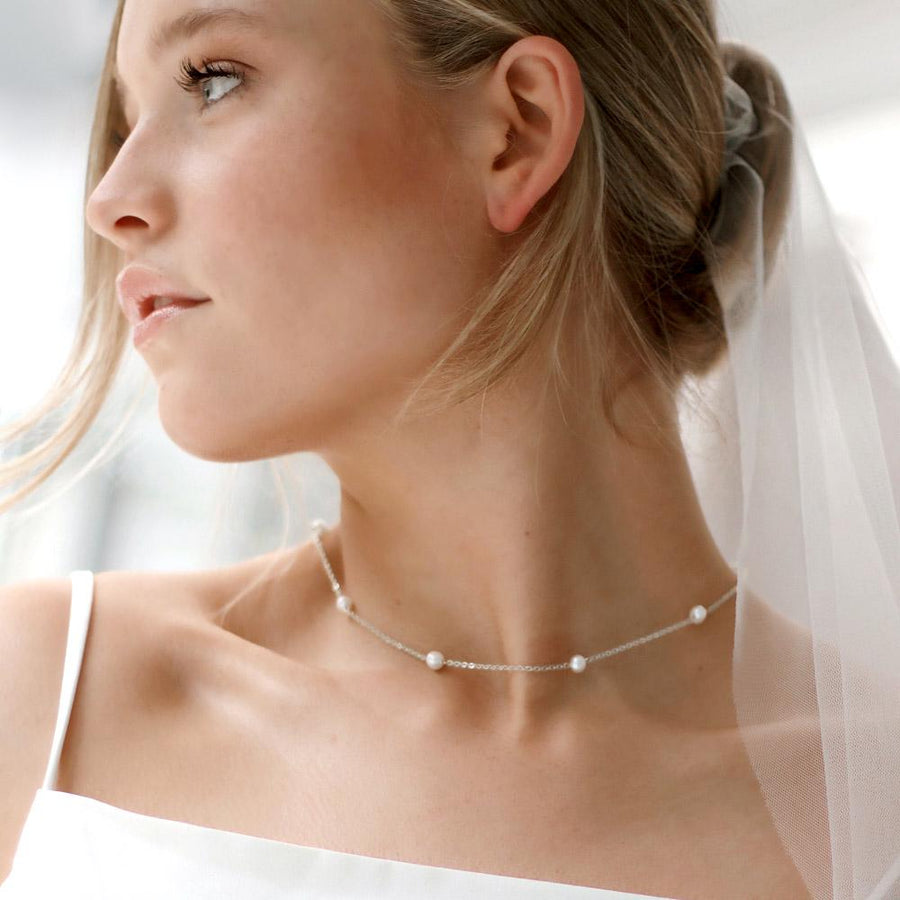Pearl Station Necklace - Dainty Floating Pearl Chain - Minimalist Bridal Pearls Necklaces