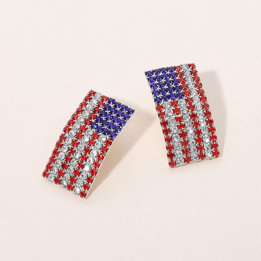 Stone Paved American USA Flag Earrings - Patriotic Crystal Flag Earring - Rhinestone Sparkle Studs