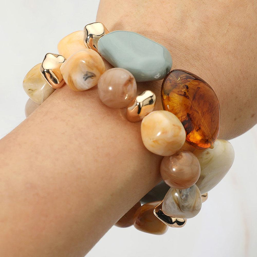 2PC Chunky Marble Pebble Beaded Stretch Layered Bracelet Set - Stackable Stone Bangle - Marble Bracelets