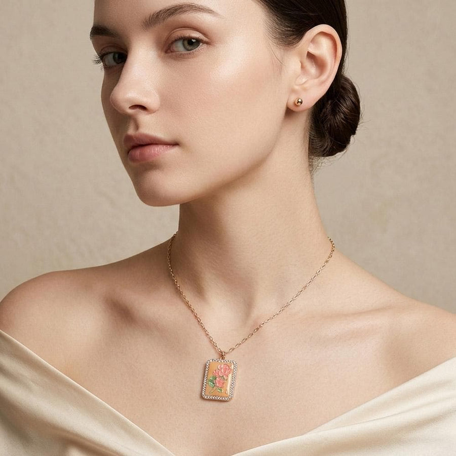 Floral Frame Pendant Necklace – Geometric Chain – Modern Pendant Artistic Jewelry Gift