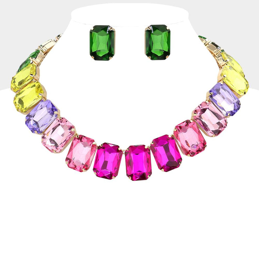 Emerald Cut Stone Collar Evening Necklace - Crystal Bridal Statement Necklace