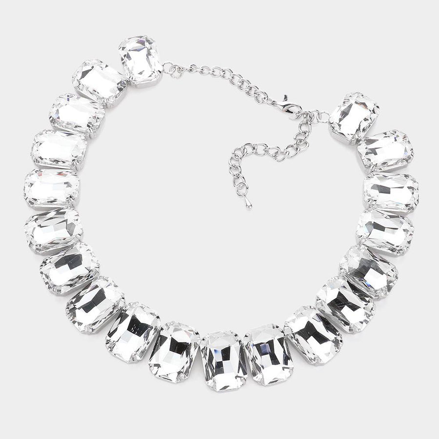 Emerald Cut Stone Collar Evening Necklace - Crystal Bridal Statement Necklace