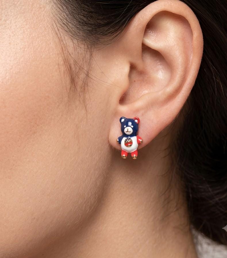 Enamel American USA Flag Teddy Bear Stud Earrings | Patriotic Red White Blue Earrings Gift
