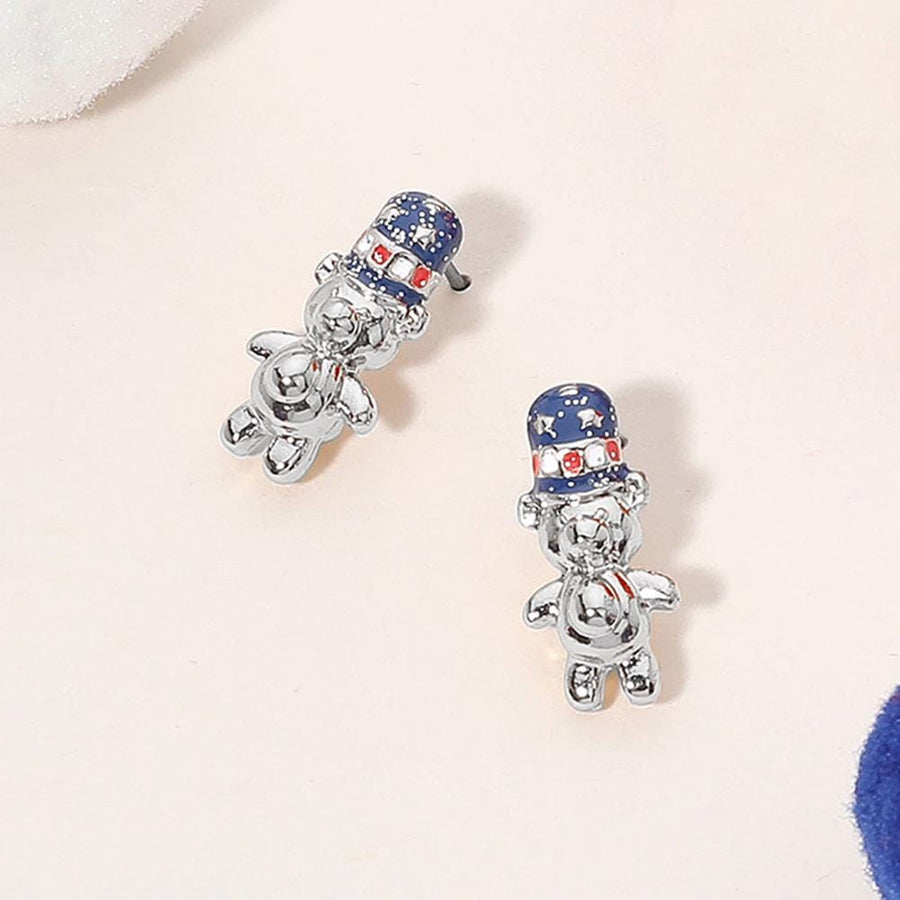 Glittered Enamel USA Flag Top Hat Teddy Bear Stud Earrings - Patriotic Bear Style Studs