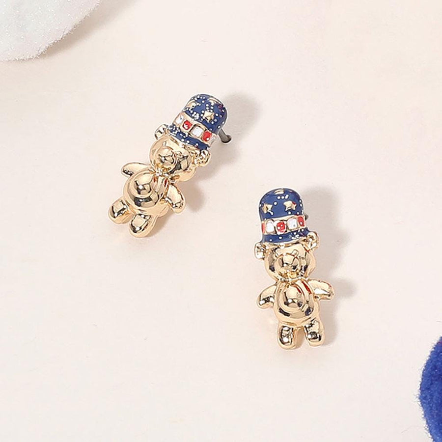 Glittered Enamel USA Flag Top Hat Teddy Bear Stud Earrings - Patriotic Bear Style Studs