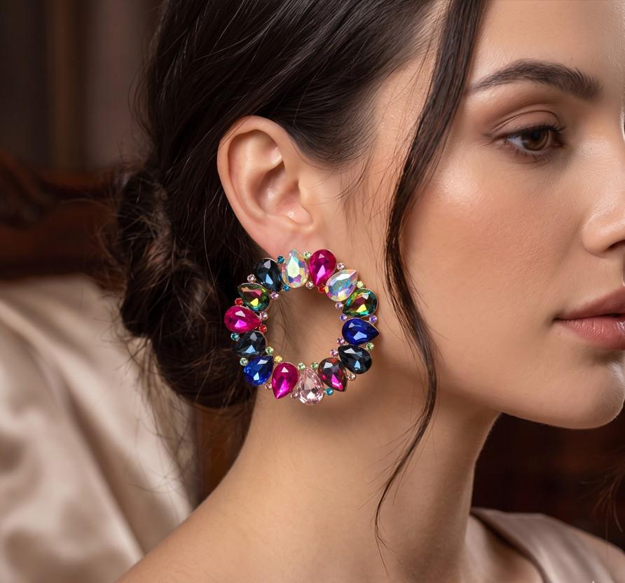 Teardrop Stone Cluster Open Circle Statement Evening Drop Earrings - Bridal Wedding Formal Earrings