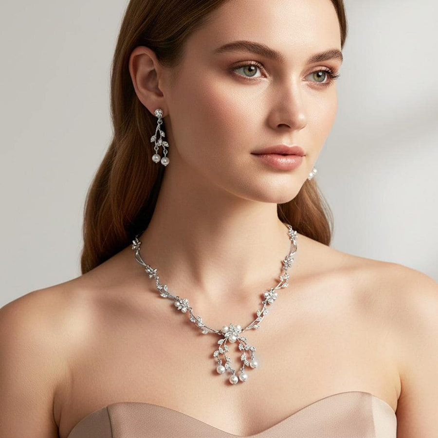 Floral Pearl Crystal Rhinestone Necklace, Vintage Style Bridal Wedding Jewelry