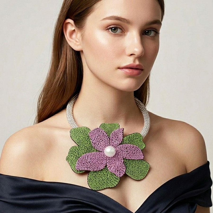 Pearl Center Bling Studded Oversized Flower Necklace - Bold Floral Statement Necklace - Bridal Glam Necklaces