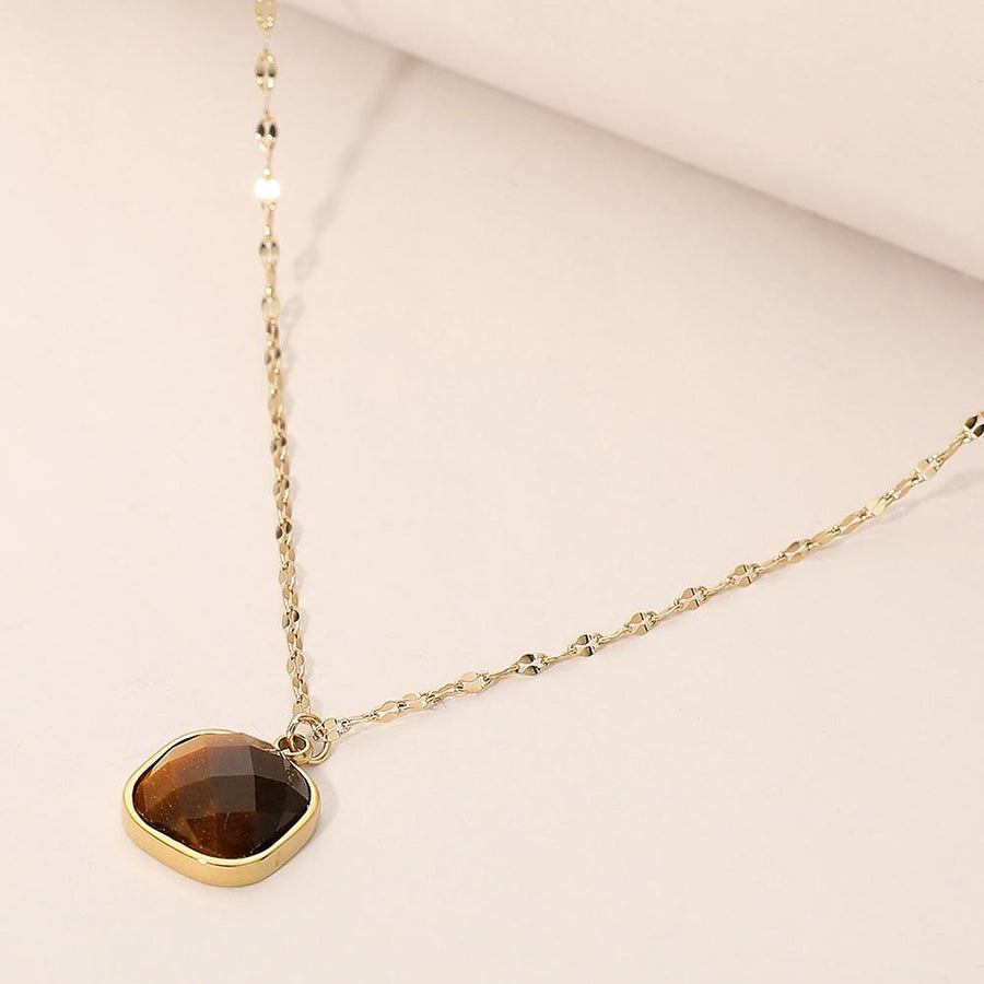 Stainless Steel Square Stone Pendant Necklace - Dainty Minimalist Chain - Elegant Everyday Pendant