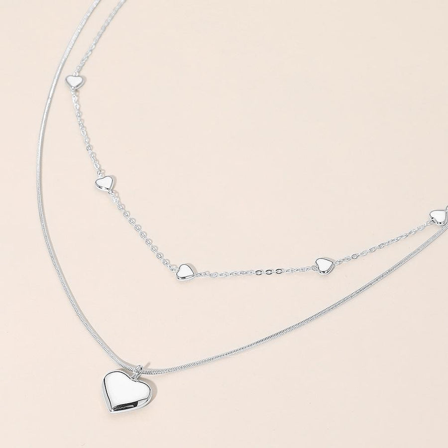 Stainless Steel Heart Charm Station Layered Necklace - Dainty Floating Heart Chain - Multi-Strand Lover Jewelry