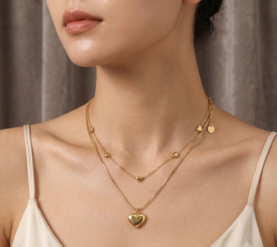 Stainless Steel Heart Charm Station Layered Necklace - Dainty Floating Heart Chain - Multi-Strand Lover Jewelry