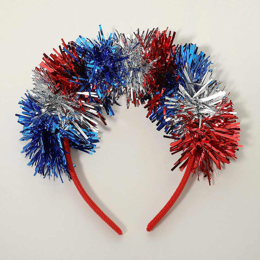 American USA Flag Tinsel Party Headband - Patriotic Sequin Headgear - Red White Blue Headband