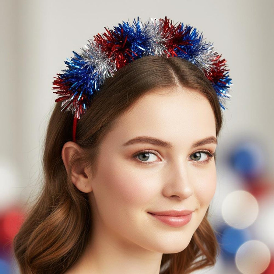 American USA Flag Tinsel Party Headband - Patriotic Sequin Headgear - Red White Blue Headband